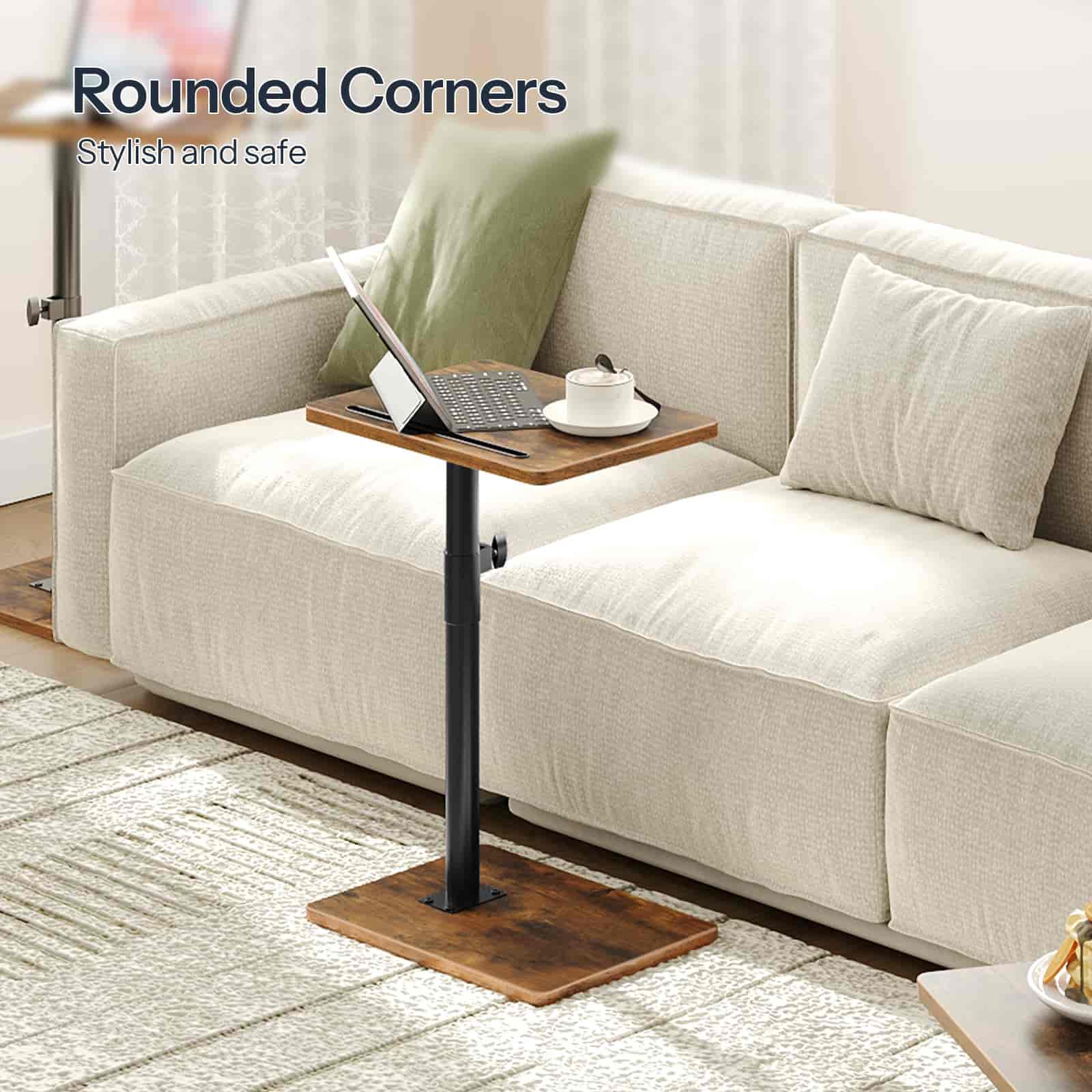 Sofa with a small wooden table next to it, featuring rounded corners.