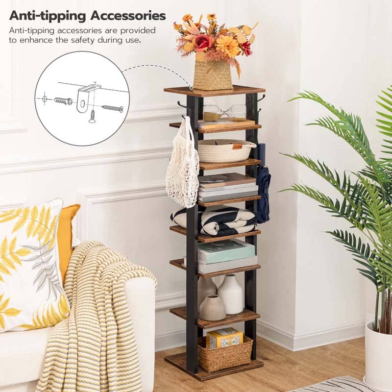 Small space shoe organizer tower neatly blending into a living room corner decor.