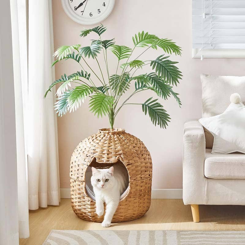 A white cat stands in front of a woven straw cat house with a palm-leaf plant inside, set in a bright, modern living room with a beige armchair and soft pink walls.