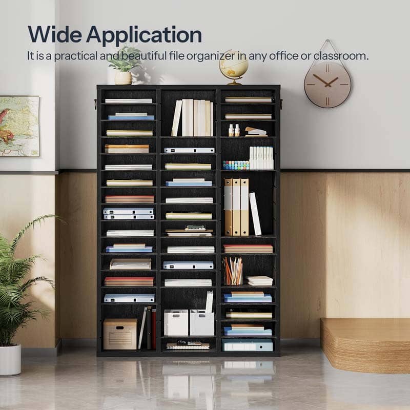 A tall black wide-application file organizer bookcase with multiple shelves and compartments, shown filled with books, binders, and storage boxes in a styled office or classroom setting. Text at the top reads 'Wide Application' with a descriptive subtitle.