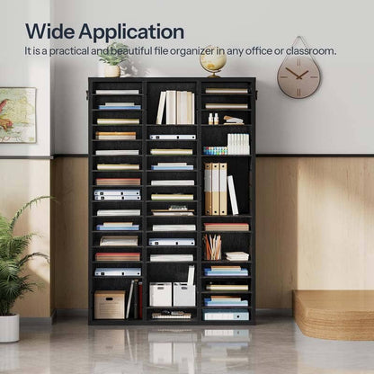 A tall black wide-application file organizer bookcase with multiple shelves and compartments, shown filled with books, binders, and storage boxes in a styled office or classroom setting. Text at the top reads 'Wide Application' with a descriptive subtitle.