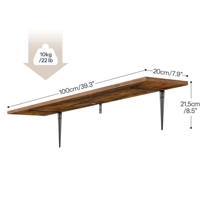 Wooden shelf with dimensions and weight capacity on a white background
