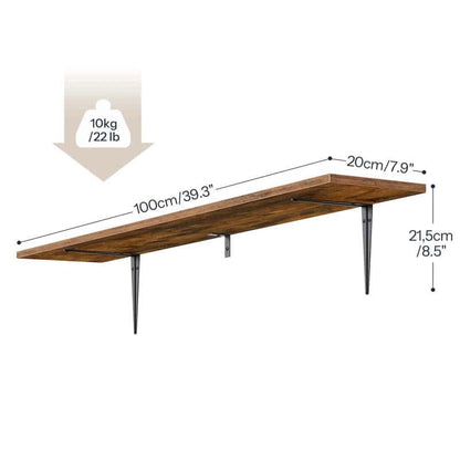 Wooden shelf with dimensions and weight capacity on a white background