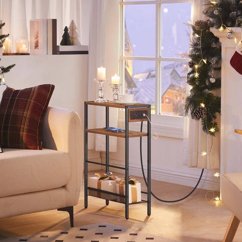 Living room with a beige sofa, side table, and Christmas decorations.