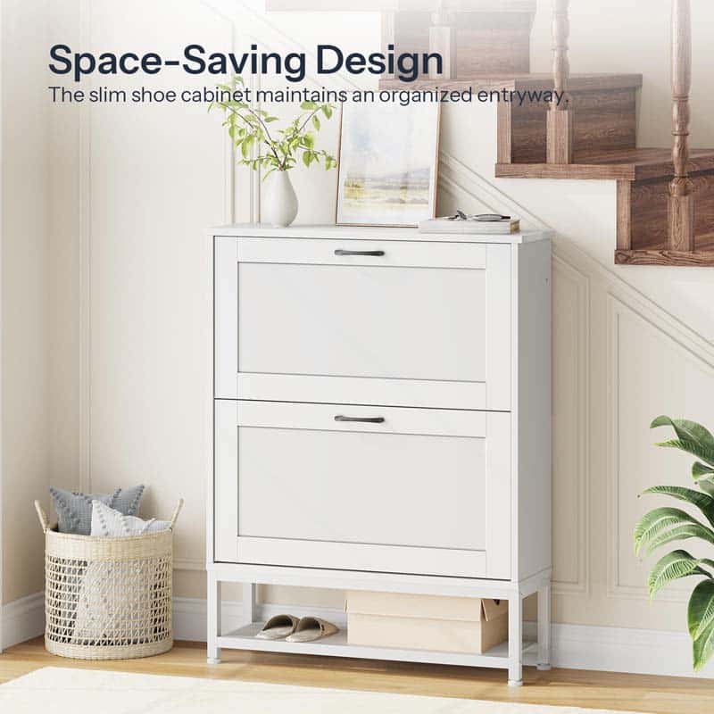 Compact hidden shoe organizer cabinet with a slim profile fitted into a narrow hallway next to stairs.