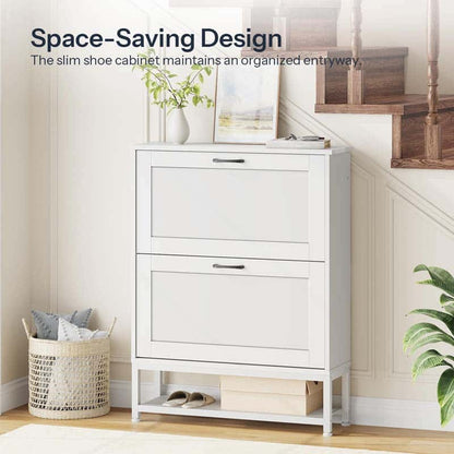Compact hidden shoe organizer cabinet with a slim profile fitted into a narrow hallway next to stairs.