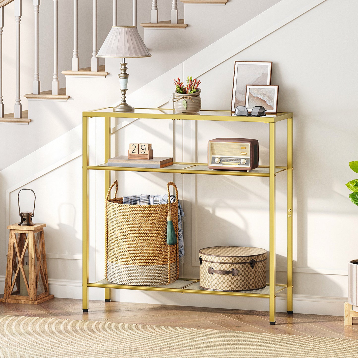 HOOBRO 29.5-inch 3-Tier Tempered Glass Narrow Console Table