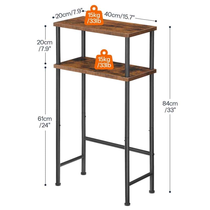Two-tiered wooden table with dimensions and weight capacity on a white background