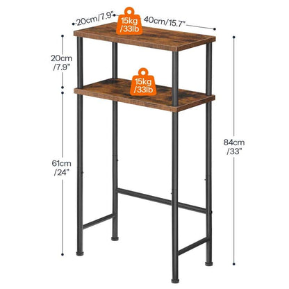 Two-tiered wooden table with dimensions and weight capacity on a white background