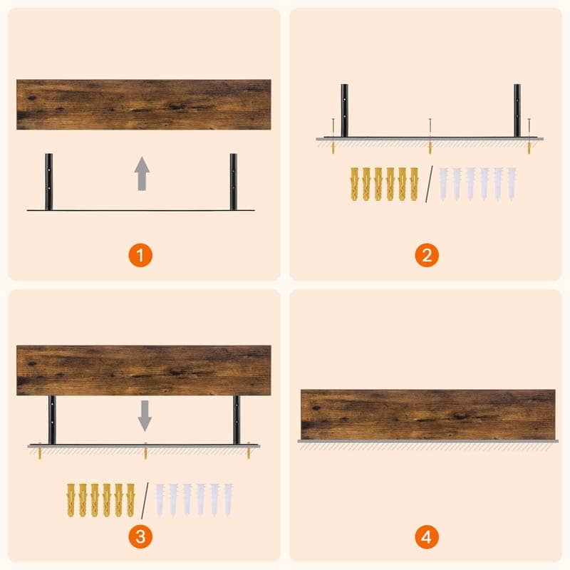 Installation diagram showing invisible floating shelf metal brackets, wall anchors, and hardware.