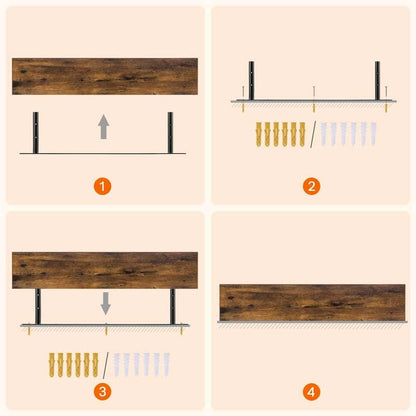 Installation diagram showing invisible floating shelf metal brackets, wall anchors, and hardware.
