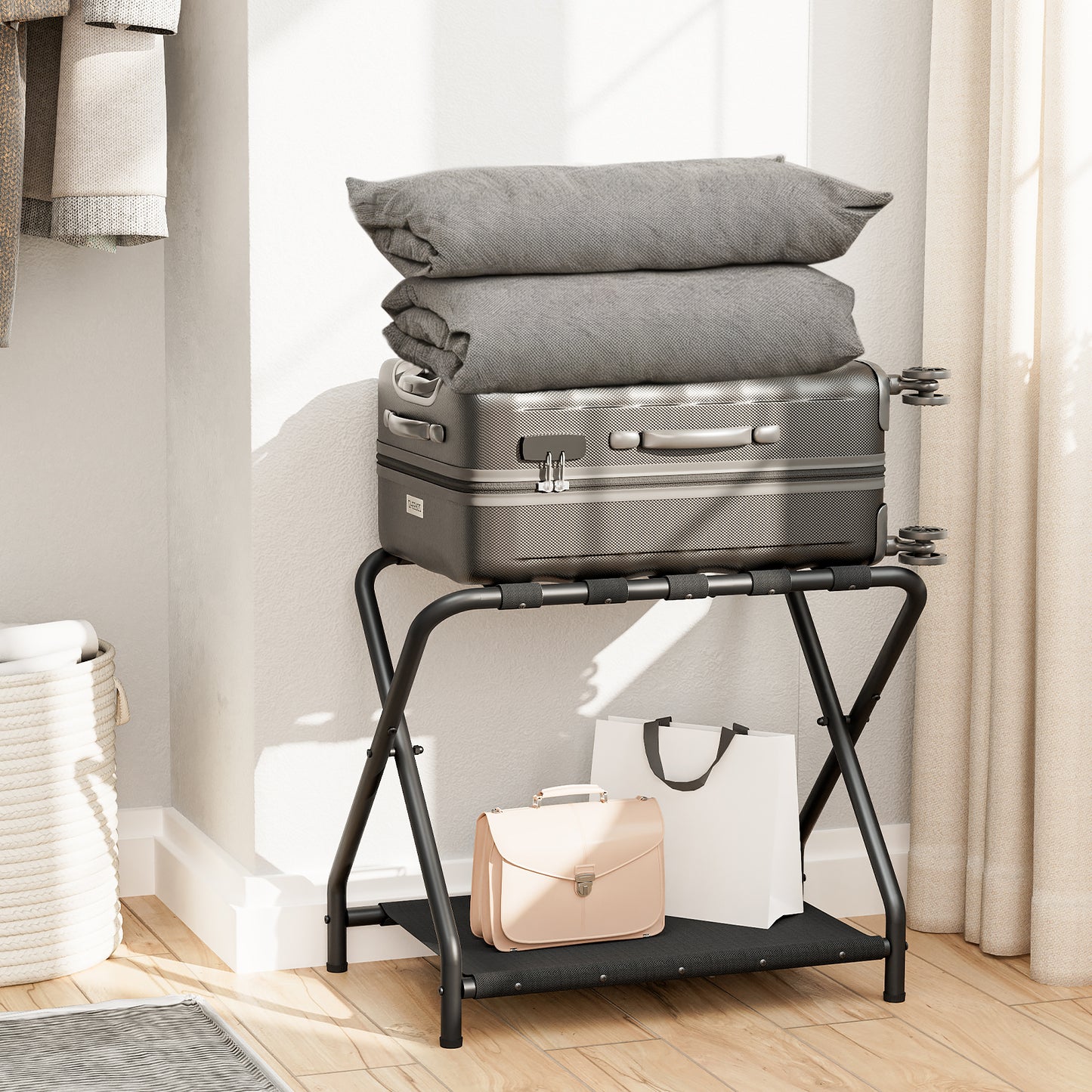 HOOBRO Folding Luggage Rack with Fabric Shelf