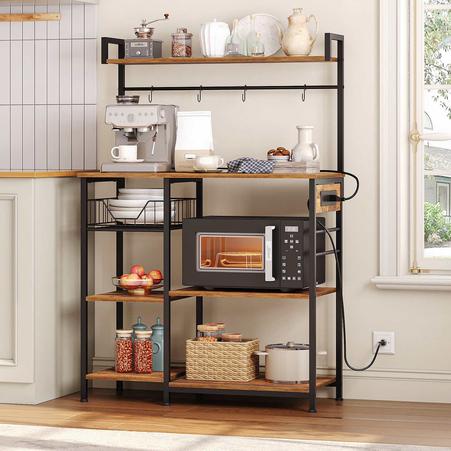 HOOBRO 35.4-inch Bakers Rack with Power Outlet & Mesh Basket & Microwave Bracket