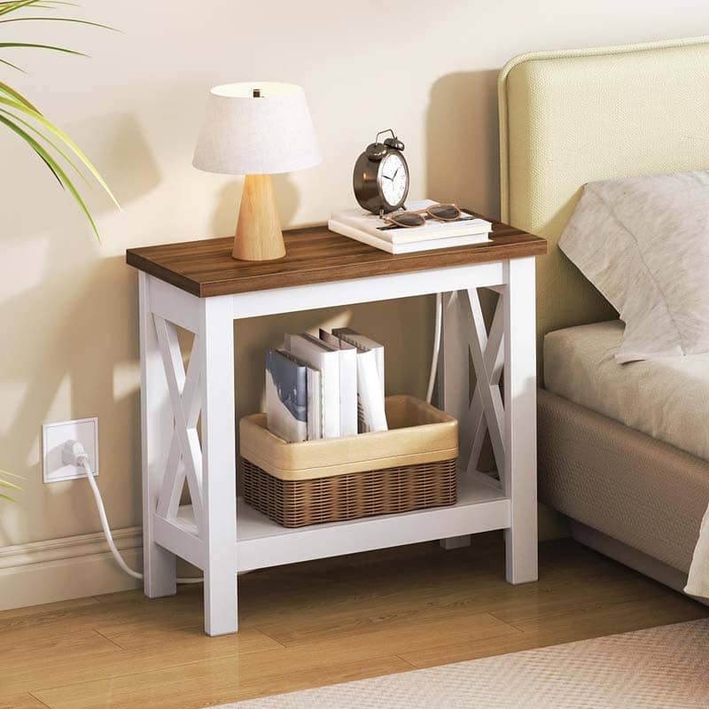 HOOBRO Farmhouse Style Narrow Side Table with Charging Station