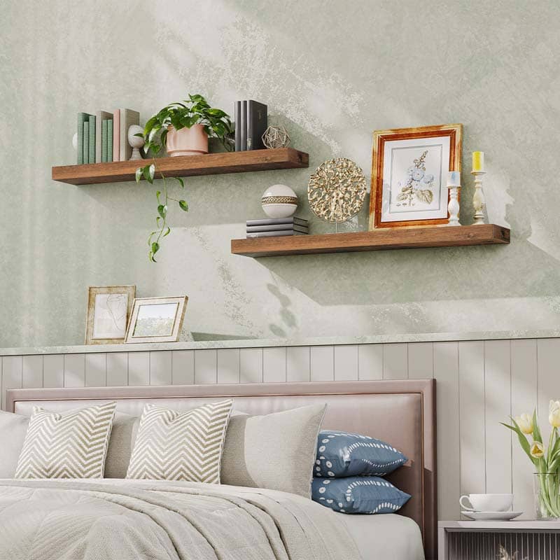 HOOBRO hanging wood wall shelves used as a space-saving floating nightstand alternative next to a bedroom bed.