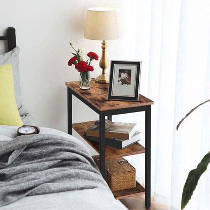 Skinny nightstand bedside table with open shelves for storage in a small space bedroom