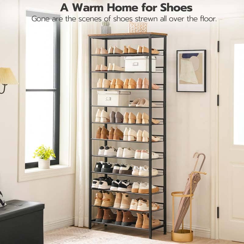 Large capacity shoe rack holding multiple rows of colorful running sneakers, flat sandals, and high heels.