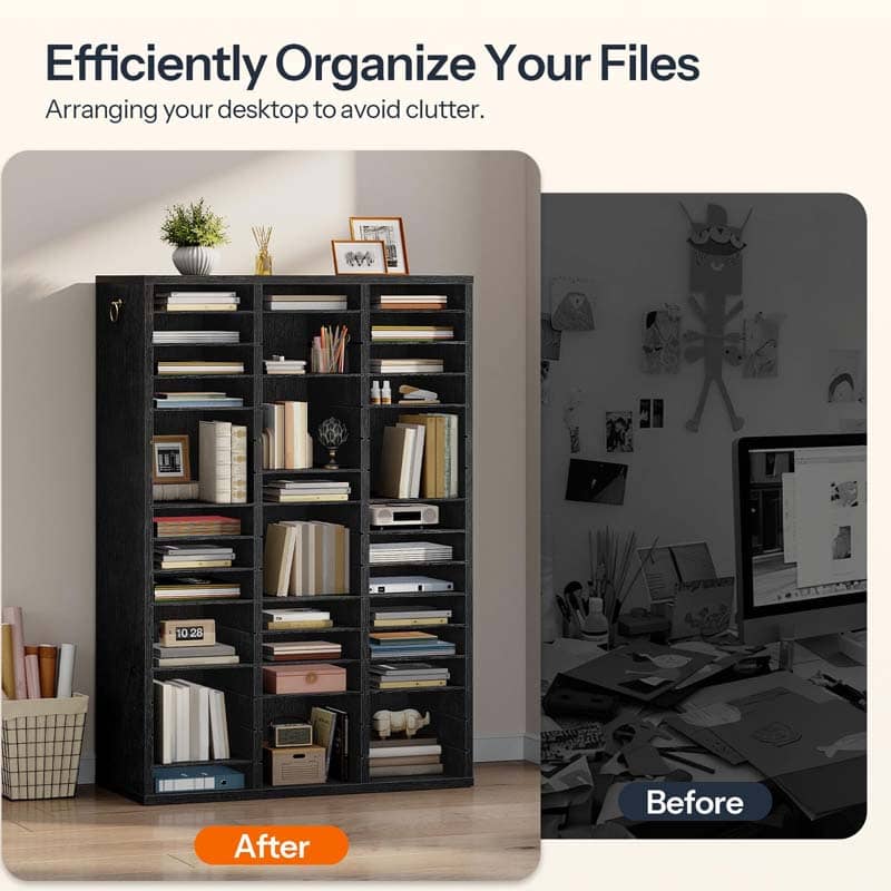 Before and after comparison of a desk setup with a bookshelf.