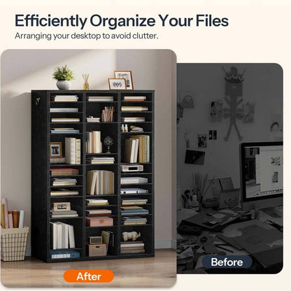 Before and after comparison of a desk setup with a bookshelf.