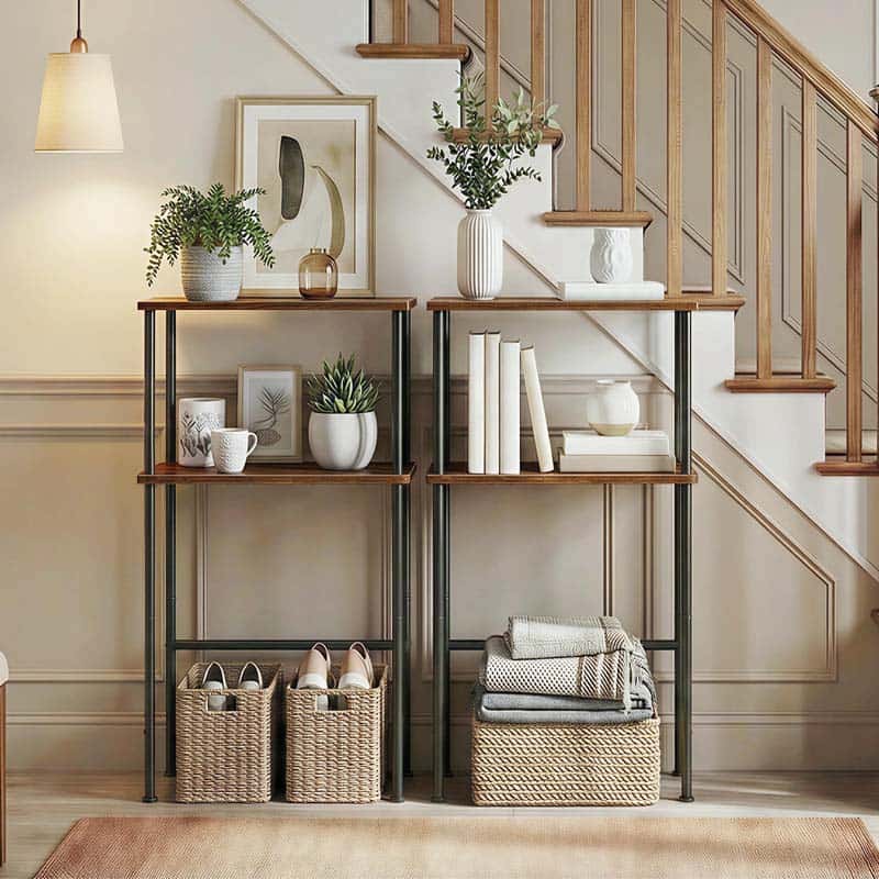 Shelving unit with decorative items in a home interior setting