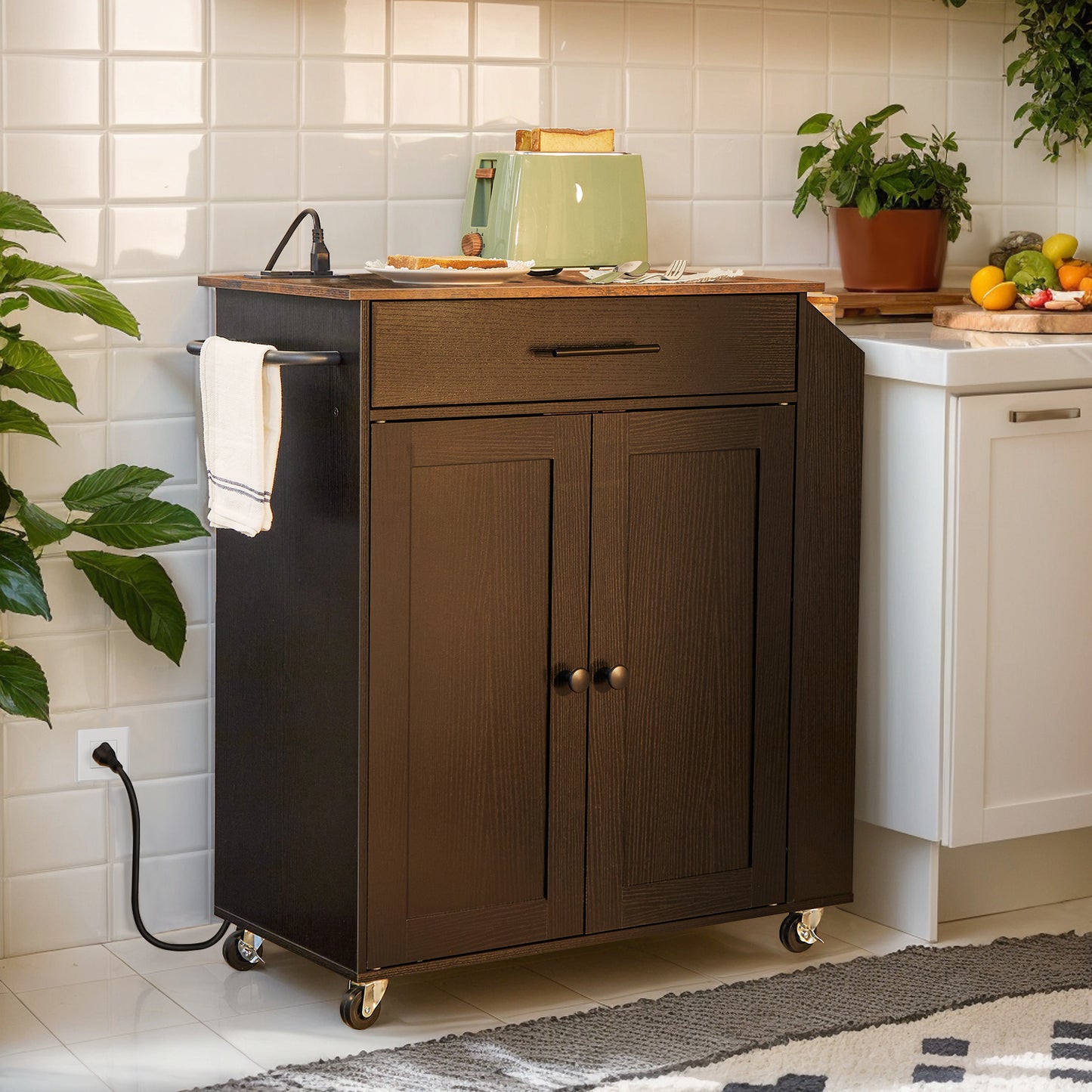 HOOBRO Rolling Kitchen Island with Power Outlet & Shelves & Drawers