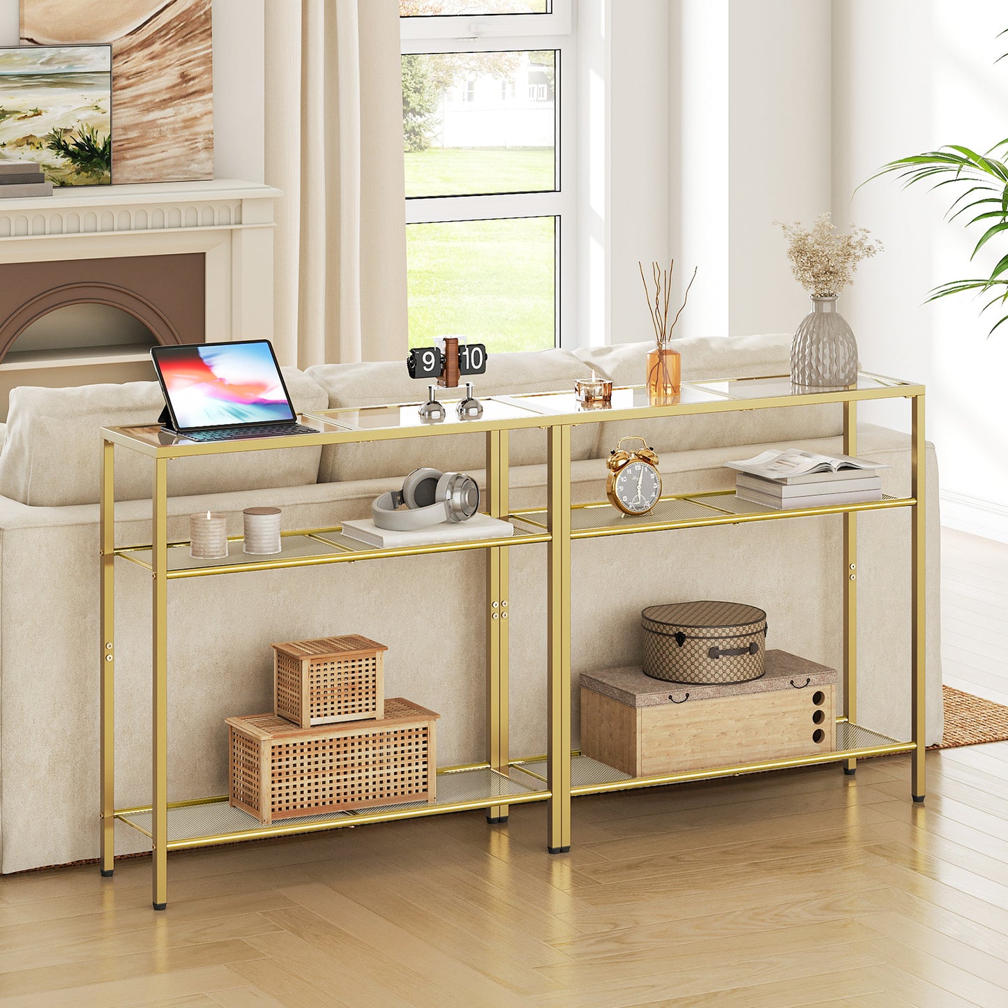 HOOBRO 29.5-inch 3-Tier Tempered Glass Narrow Console Table