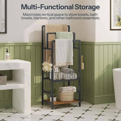 Narrow industrial bathroom organizer shelf standing neatly in a tight corner next to a washbasin.
