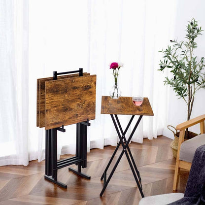 Space-saving folding dinner trays for eating on a couch with a matching vertical storage stand.