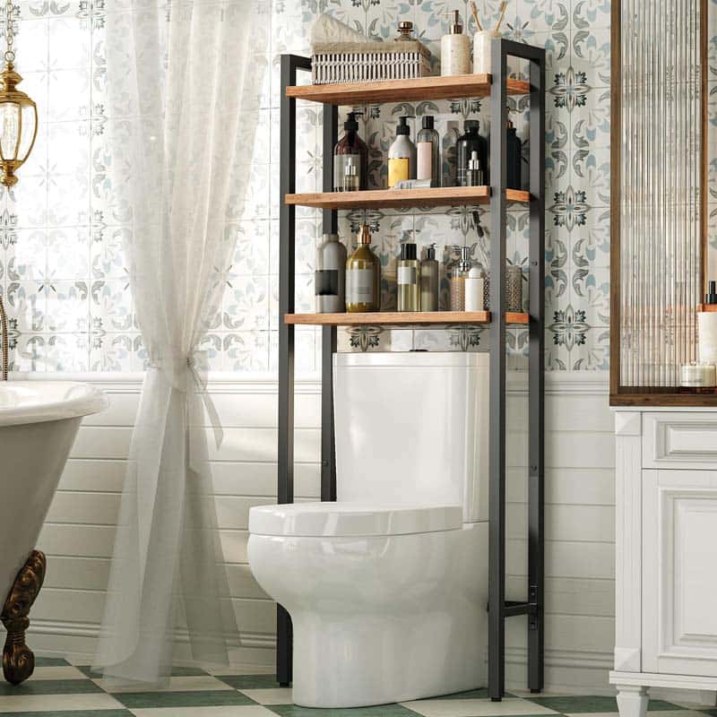 Bathroom with a toilet and over-the-toilet shelving unit with various bottles.