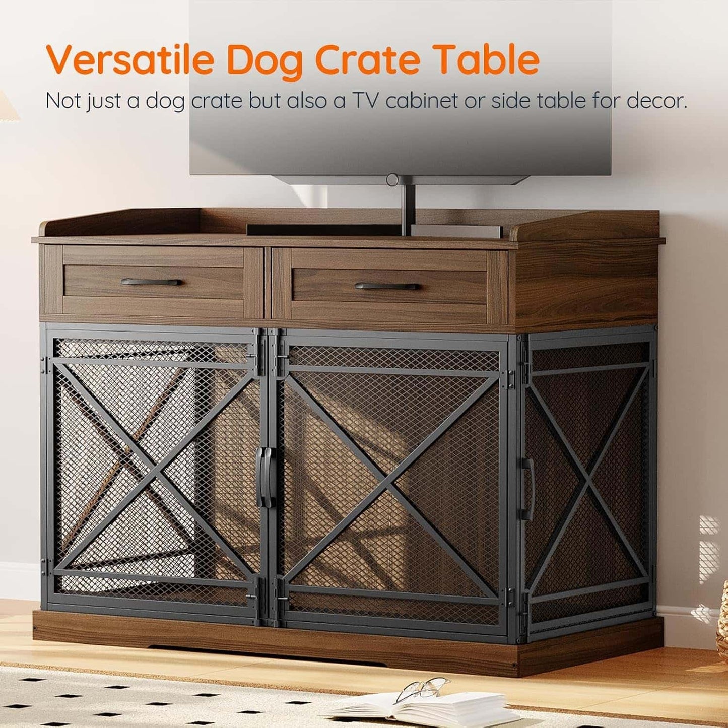 Wooden dog crate table with TV cabinet or side table design, featuring text on versatility.