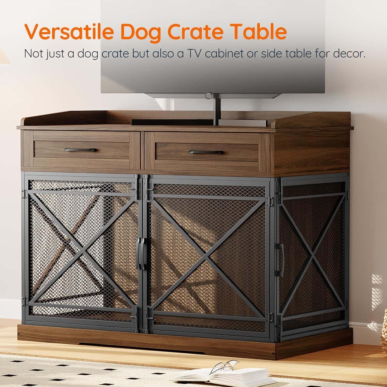 Wooden dog crate table with TV cabinet or side table design, featuring text on versatility.
