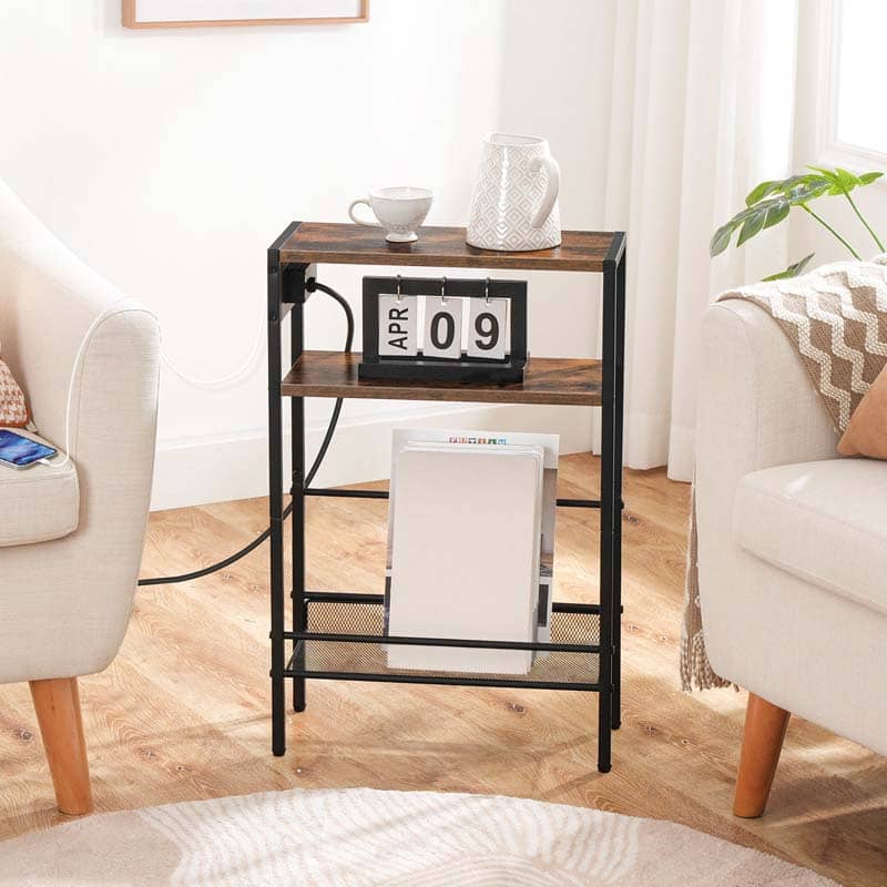 Small wooden side table with a calendar in a living room setting