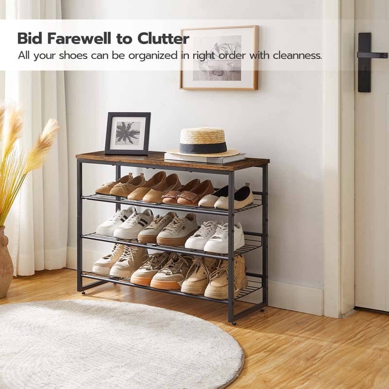 Shoe rack with organized shoes in a room with a white wall and framed picture.