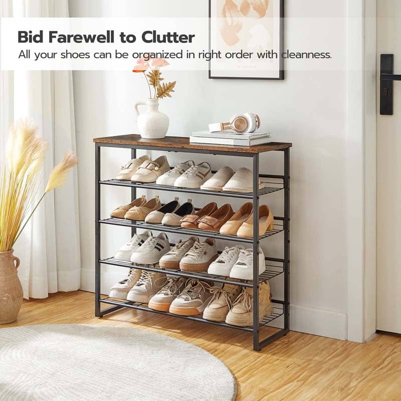 A 4-tier metal shoe rack with a dark wood top, shown in a bright, modern entryway. The rack is filled with various casual shoes and sneakers, and styled with a white vase and books on top.