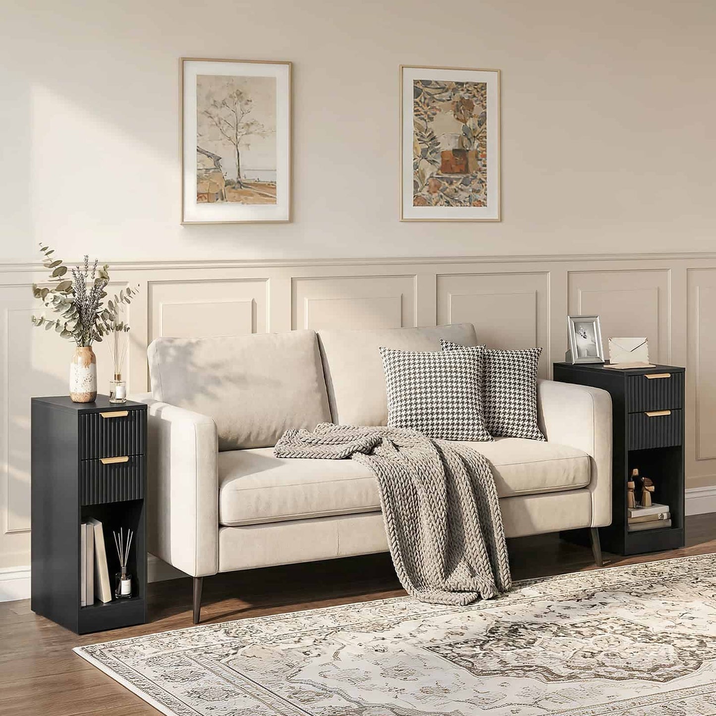HOOBRO Slim Narrow 2-Drawer Black Fluted Nightstand