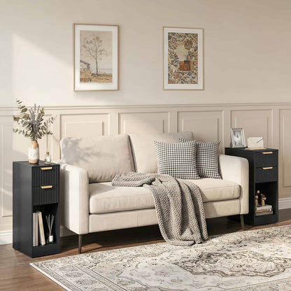 HOOBRO Slim Narrow 2-Drawer Black Fluted Nightstand