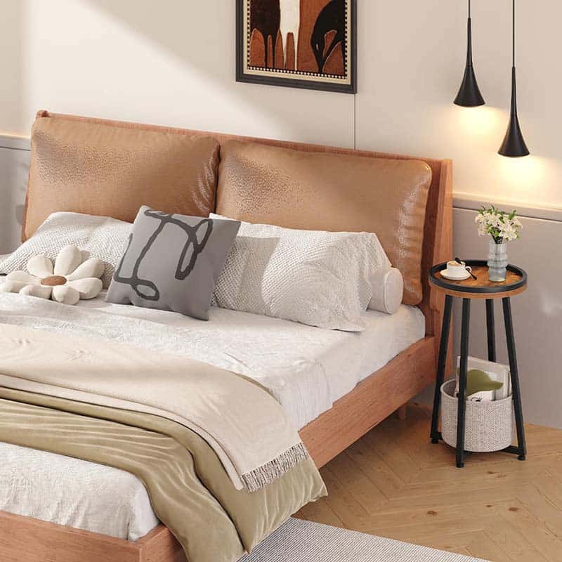 Minimalist bedroom nightstand with a rustic brown top and black frame standing stably next to a double bed frame.