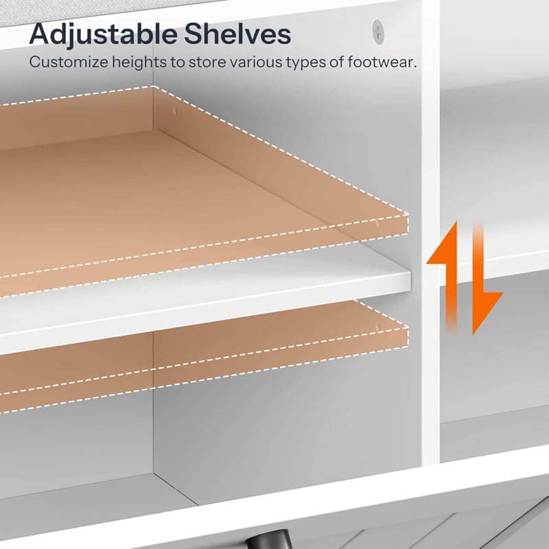 Adjustable shelves with customizable heights for storing footwear, showing a close-up of the shelf mechanism.