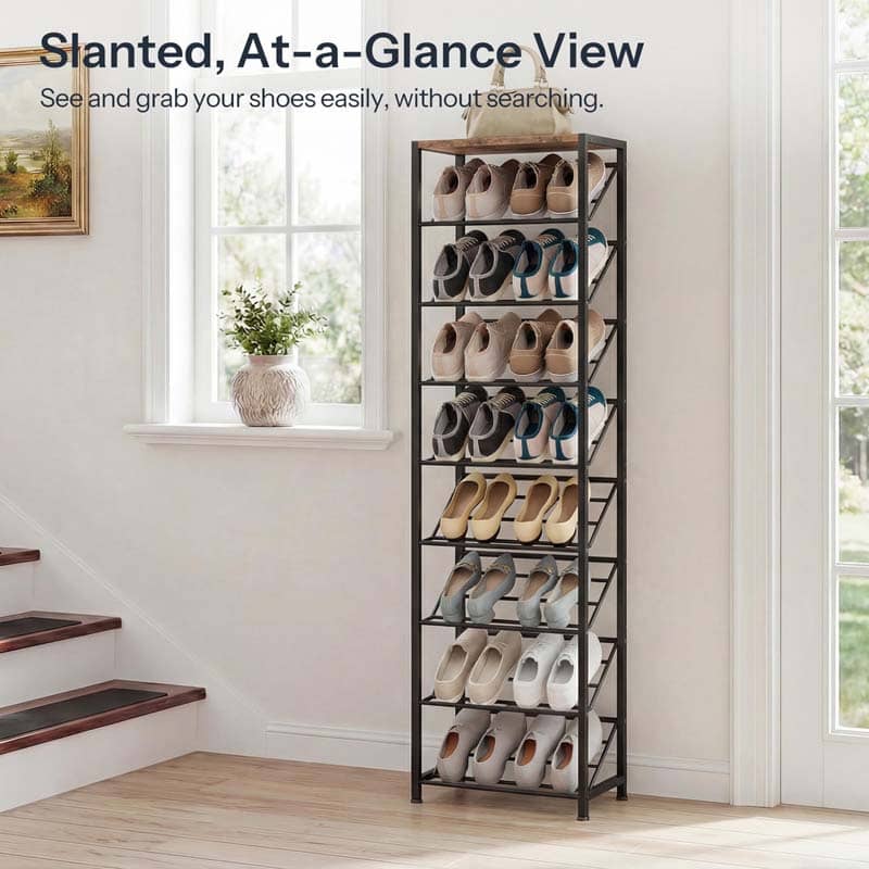 Slanted metal shoe organizer grids for at-a-glance view of footwear in hallway