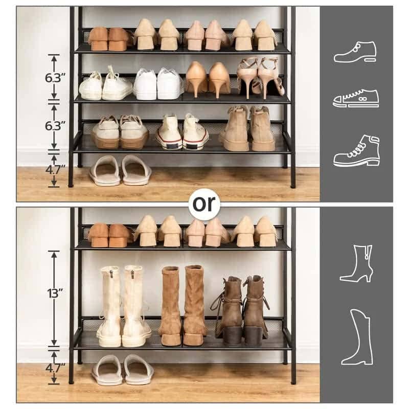 Shoe rack with various shoes on a wooden floor, showing dimensions and shoe types.