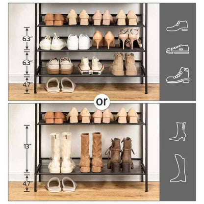 Shoe rack with various shoes on a wooden floor, showing dimensions and shoe types.