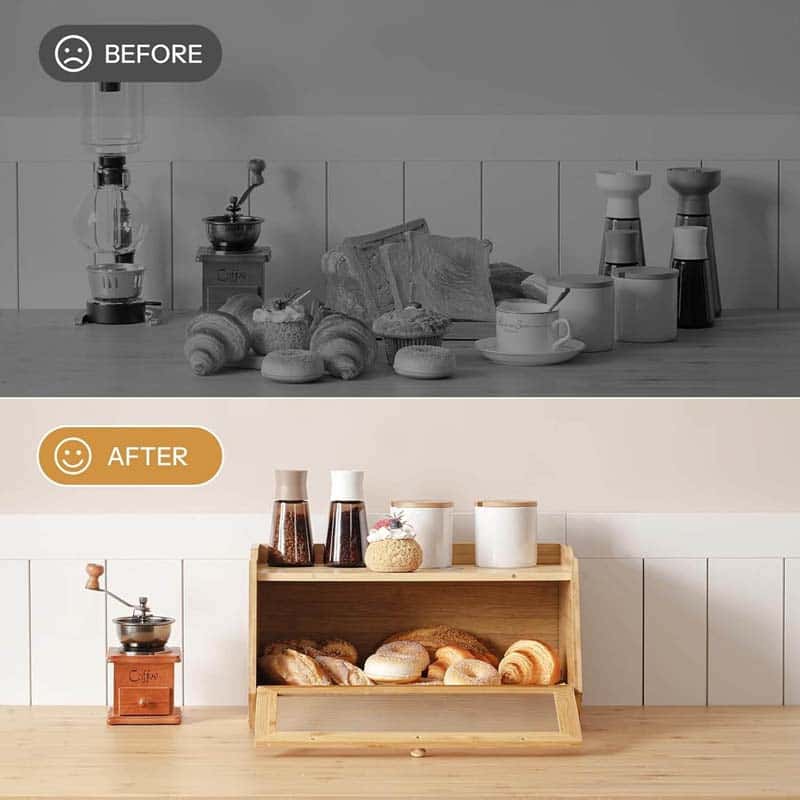 A before-and-after comparison showing a wooden bread box organizer on a kitchen counter. The top half is grayscale and labeled 'BEFORE,' showing a countertop with bread, jars, and coffee gear in muted tones.