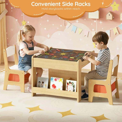 Children playing at a wooden activity table with side racks in a colorful room.