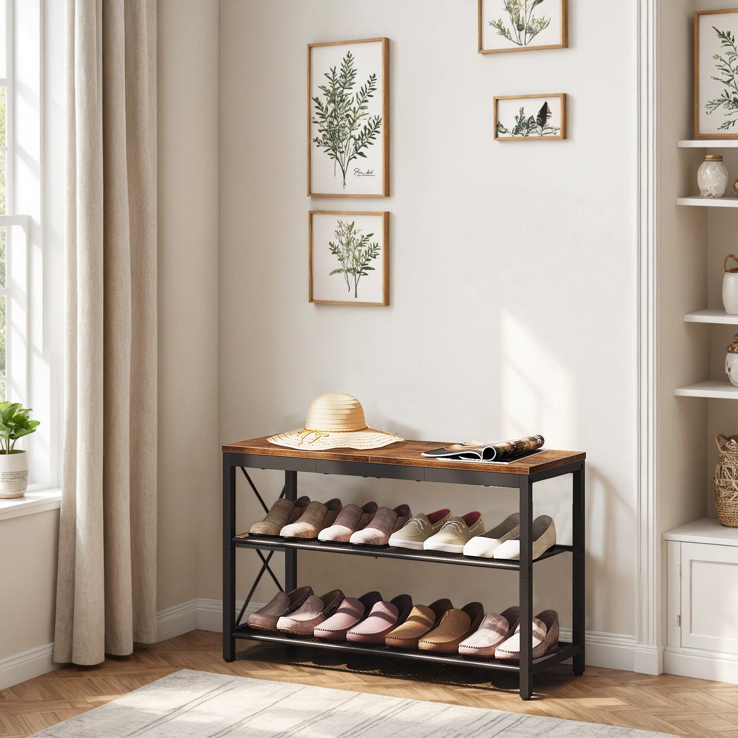 HOOBRO 29.5-inch Industrial Style 3-Tier Shoe Rack with Mesh Shelf