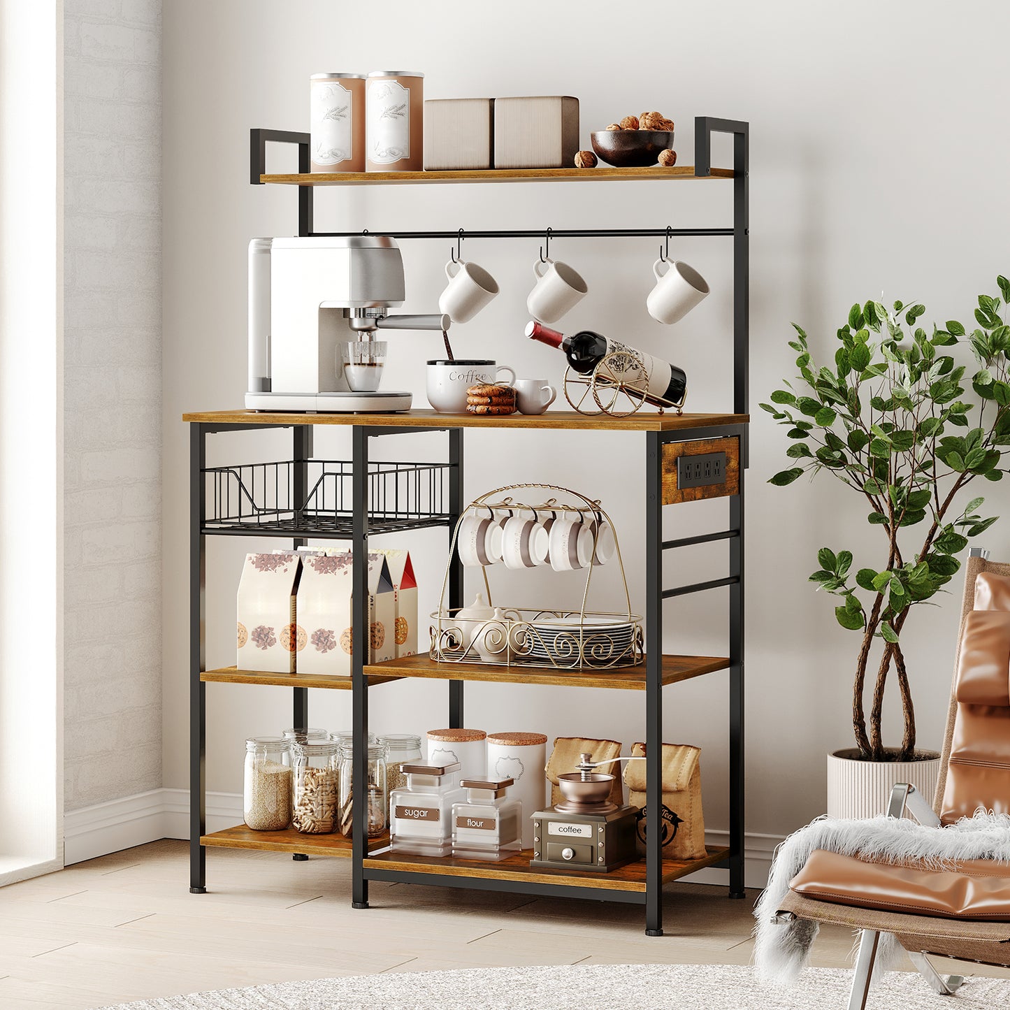 HOOBRO 35.4-inch Bakers Rack with Power Outlet & Mesh Basket & Microwave Bracket