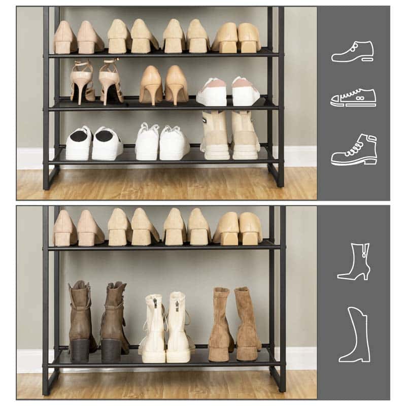 A three-tier black metal shoe rack shown in two views: one empty with shoes placed on it, and one showing different styles of shoes. A gray sidebar on the right displays shoe silhouette icons.