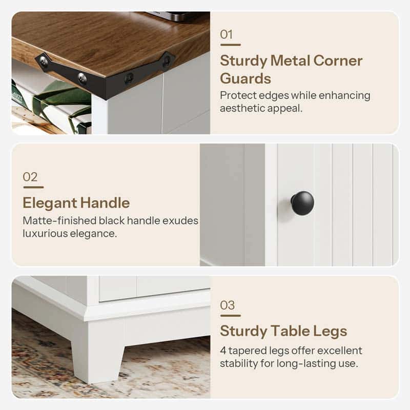 Collage of furniture features including metal corner guards, elegant handle, and sturdy table legs.