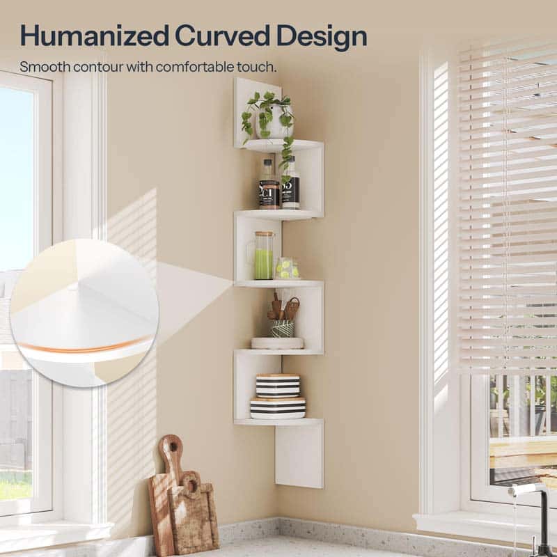 White corner shelf with various items against a beige wall.
