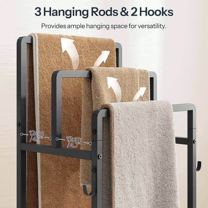 Close-up of 3 staggered hanging rods and side metal hooks for drying bath towels and loofahs.