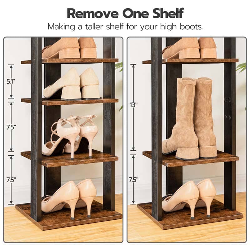 Demonstration of removing one shelf to create a taller compartment for high heels and long winter boots.